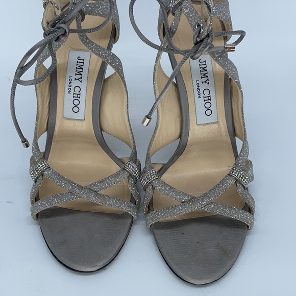 Jimmy Choo Silver Glitter Strappy rhinestone ankle tie peep toe heels 37 - Picture 2 of 9